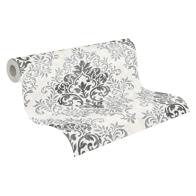 Carta da parati barocca Jette in tessuto non tessuto grigio e bianco con ornamenti in argento 