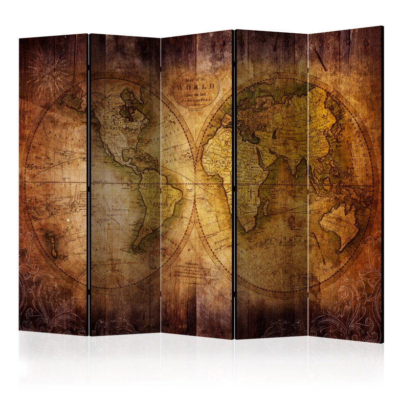 Paravent Séparation de pièce - Carte du monde - Le monde sur une ancienne carte , 5 pièces - 225x172 cm 