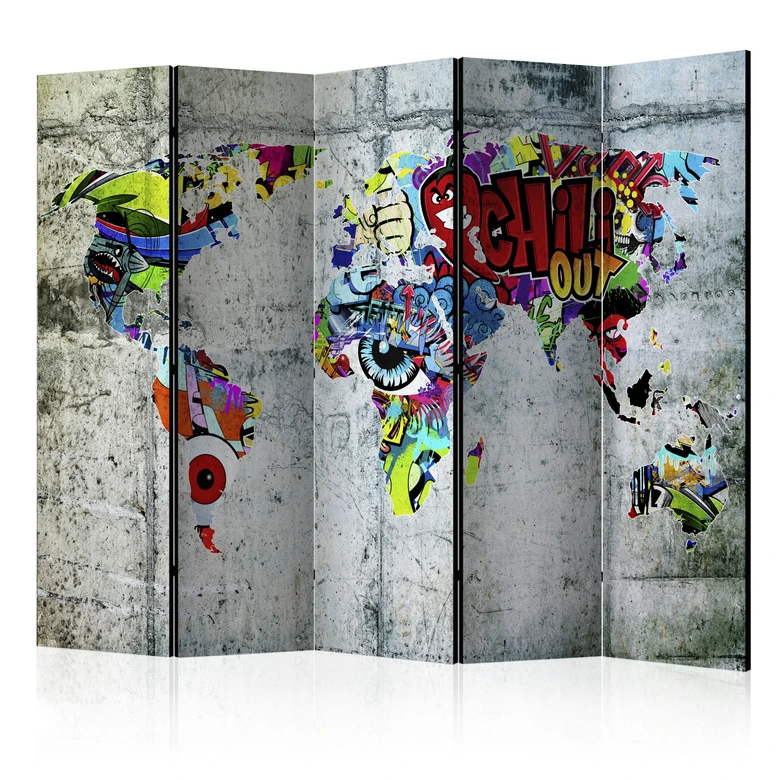 Paravent, Raumteiler freistehend, Trennwand - Weltkarte - Graffiti-Welt, 5-teilig - 225x172 cm 