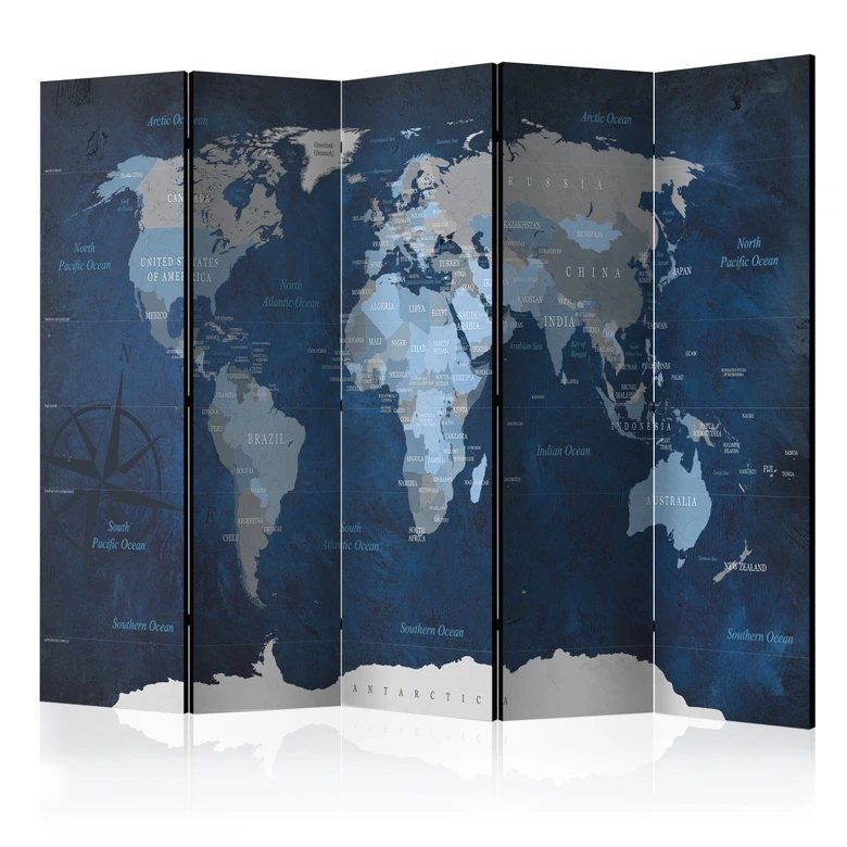 Paravent Séparation de pièce - Carte du monde - Bleu foncé monde, 5 pièces - 225x172 cm 