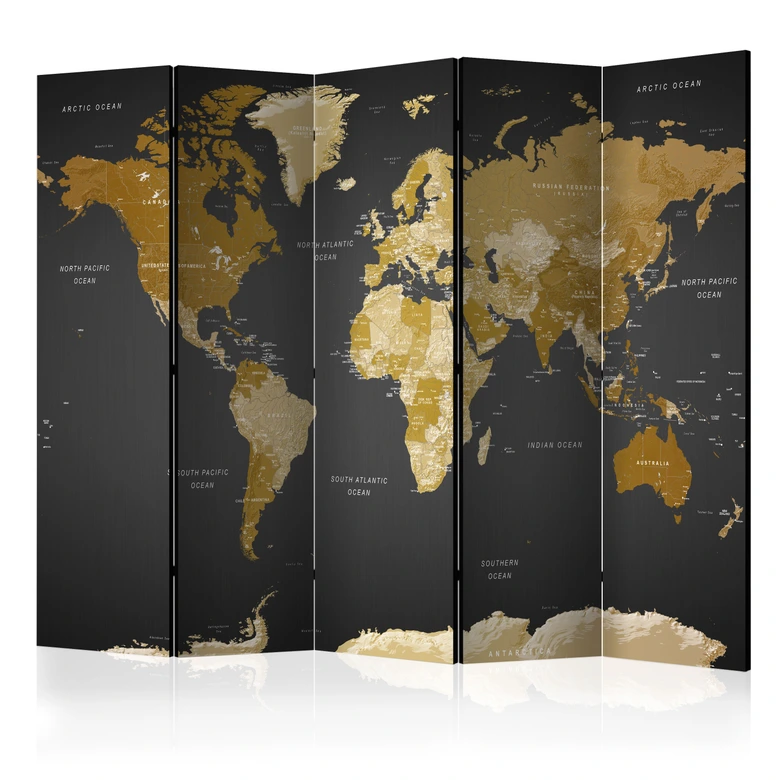 Paravent Séparation de pièce - carte du monde sur fond sombre, 5 pièces - 225x172 cm 