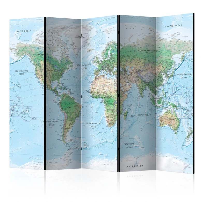 Paravent Séparation de pièce - Carte du monde - Globe en terre cuite, 5 pièces - 225x172 cm 