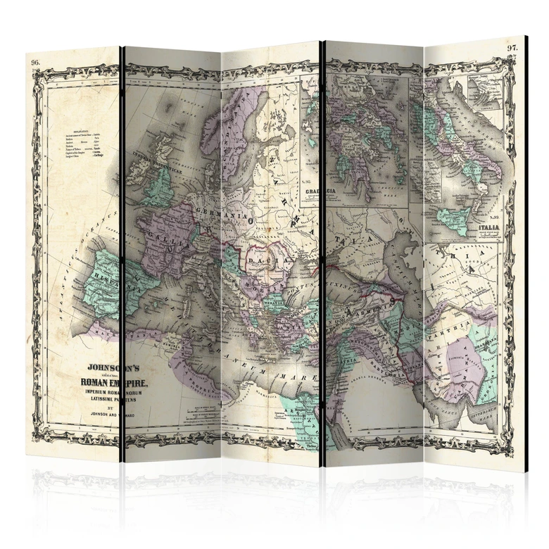 Paravent Séparation de pièce - Carte du monde - L'Odyssée romaine, 5 pièces - 225x172 cm 