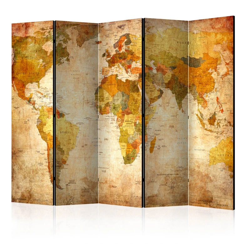 Kamerscherm - Wereldkaart - de wereld in al zijn pracht , 5-delig - 225x172 cm 