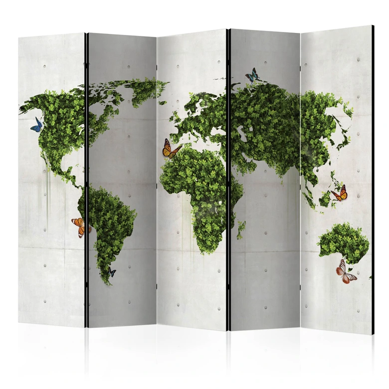 Paravent Séparation de pièce - Carte du monde - Le jardin des papillons , 5 pièces - 225x172 cm 