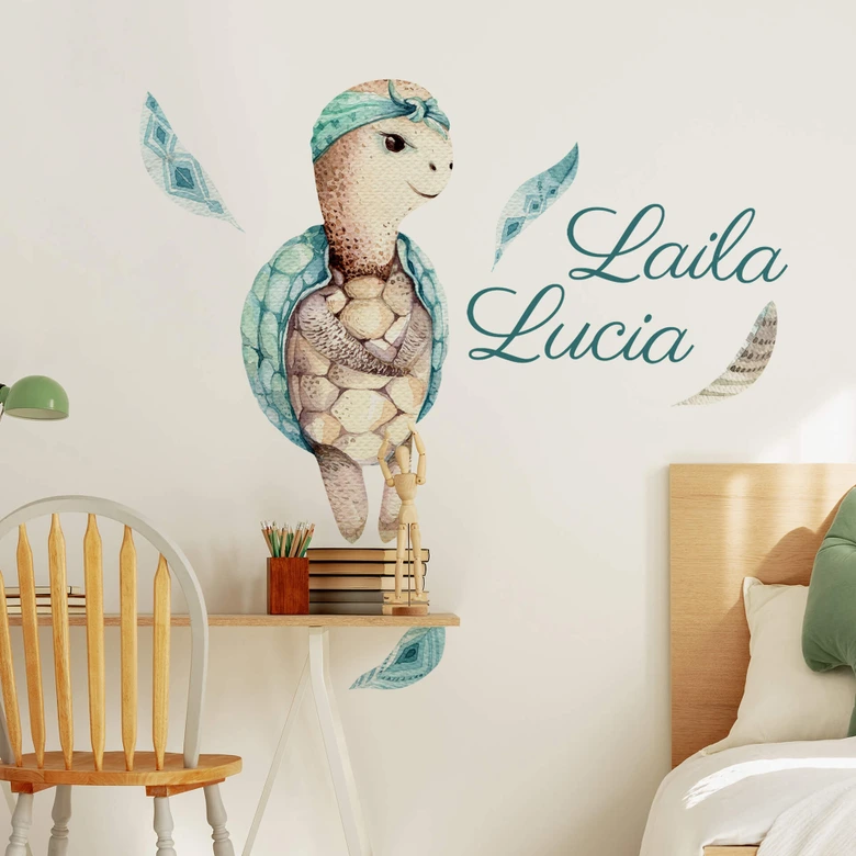 Sticker mural Kvilis - Schildkröte mit Federn + Texte à personnaliser 