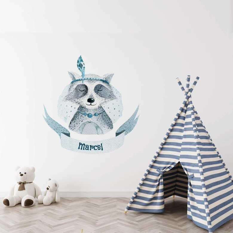 Sticker mural Kvilis - Raton laveur + Texte à personnaliser 