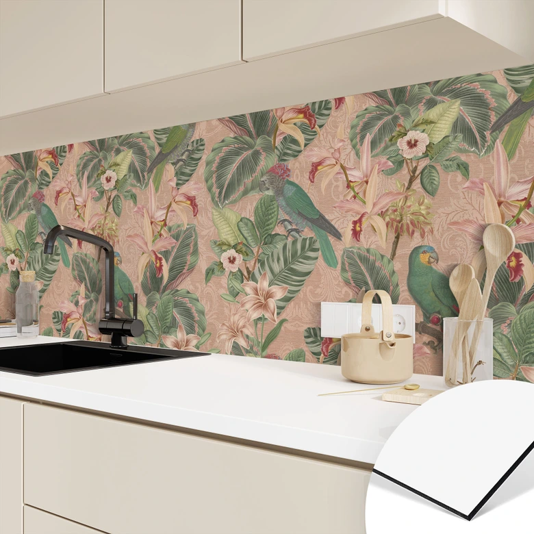 Küchenrückwand Dschungel mit Papageien Rosa - Bloomery Decor 
