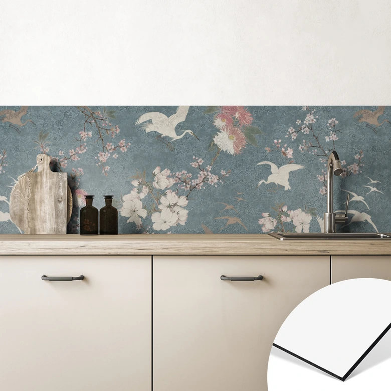 Küchenrückwand Kraniche im Kirschblüten-Rausch Blau - Bloomery Decor 