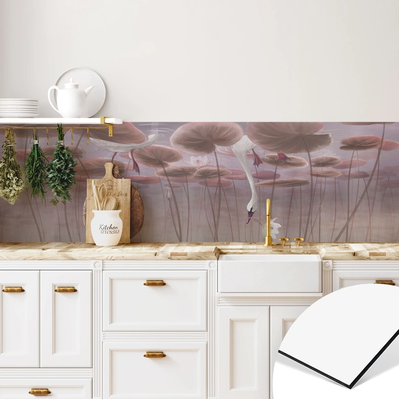 Keukenachterwand met lotusbloemen en zwaan in water in donkerroze - Ms Tiff 