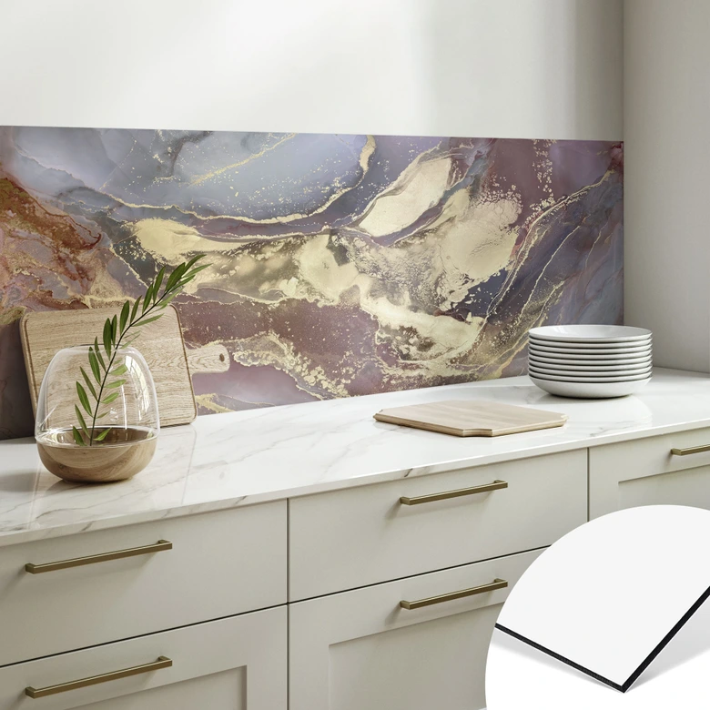 Küchenrückwand mit Marmor-Optik - Edle Strukturen in Gold und Violett - Shelest 