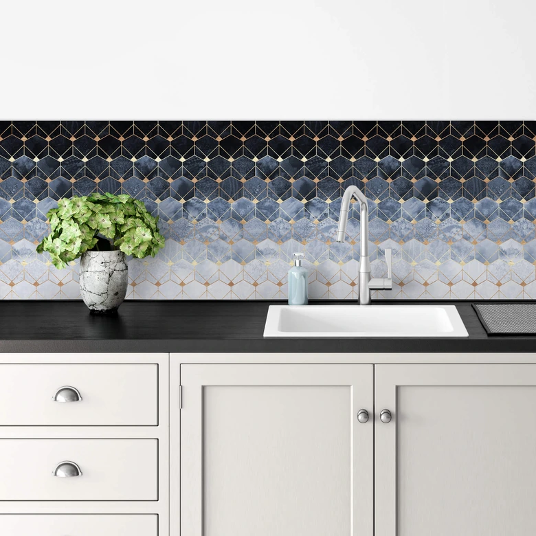 Küchenrückwand Fredriksson - Hexagone: Blau und Gold 