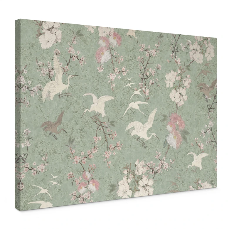 Leinwandbild Kraniche im Kirschblüten-Rausch Grün - Bloomery Decor 
