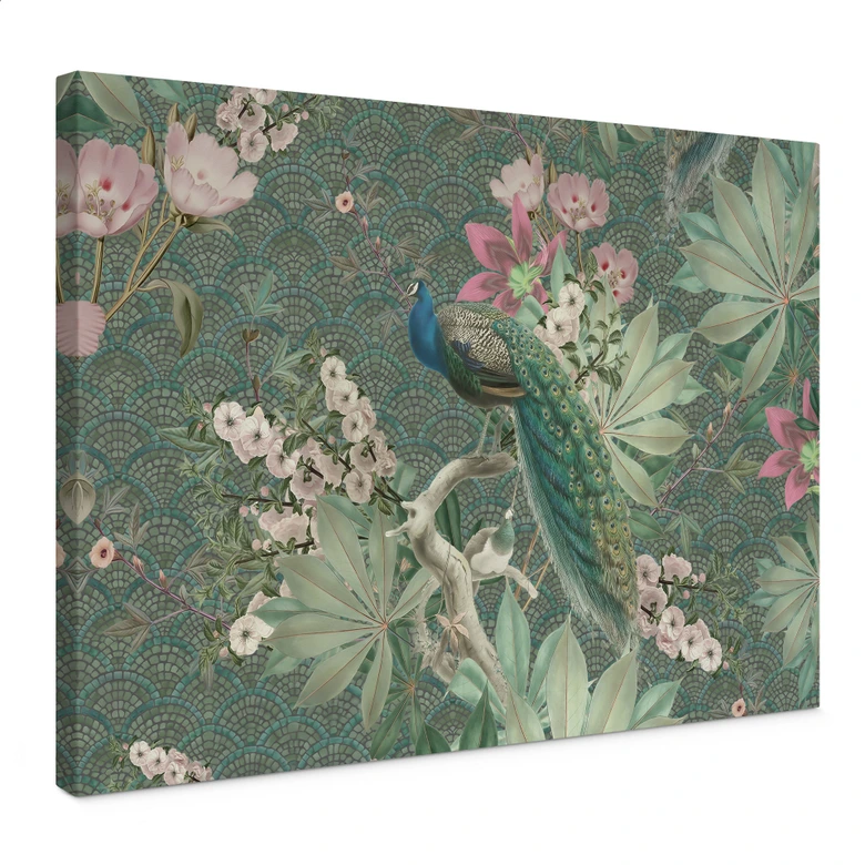 Leinwandbild Pfau im Tropengarten auf Mosaik - Bloomery Decor 