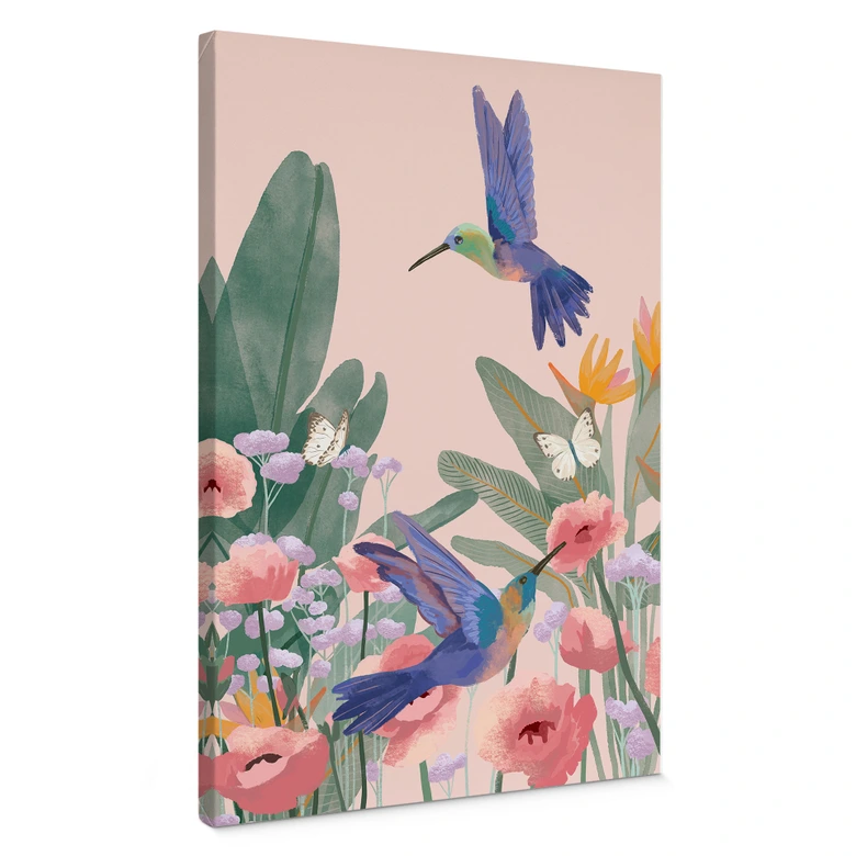 Leinwandbild Zwei Kolibris auf der bunten Blumenwiese - Goed Blauw 