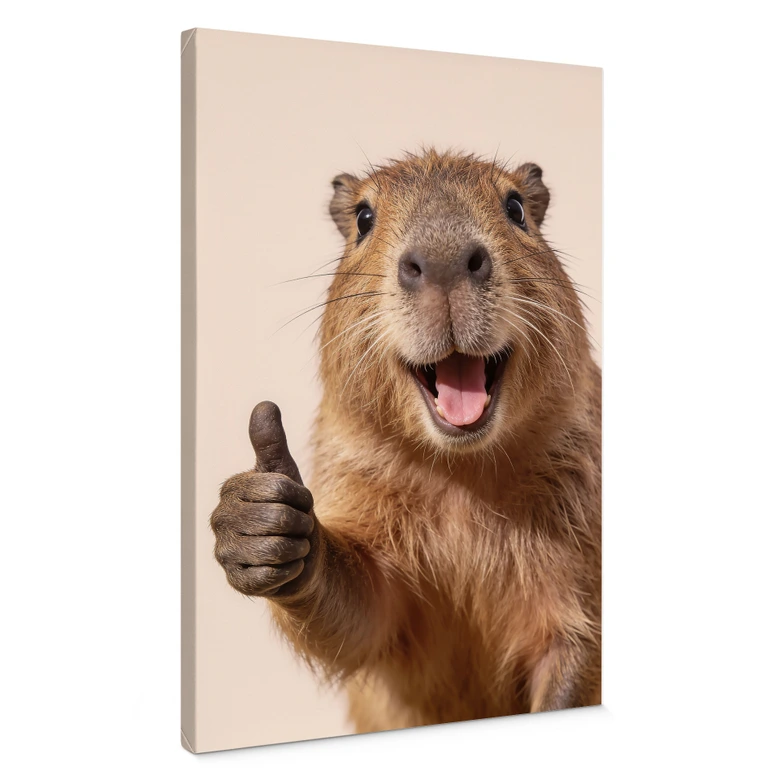 Leinwandbild Happy Capybara mit Daumen hoch 