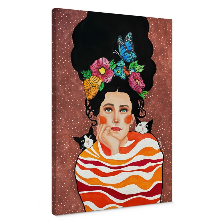 Canvasbillede kvinde med blomsterkrone og katte - Hülya 