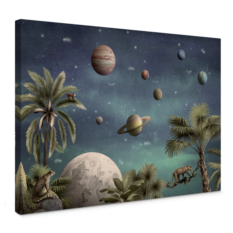 Leinwandbild Kikki Belle - Tropische Fantasiewelt mit Planeten und Palmen 