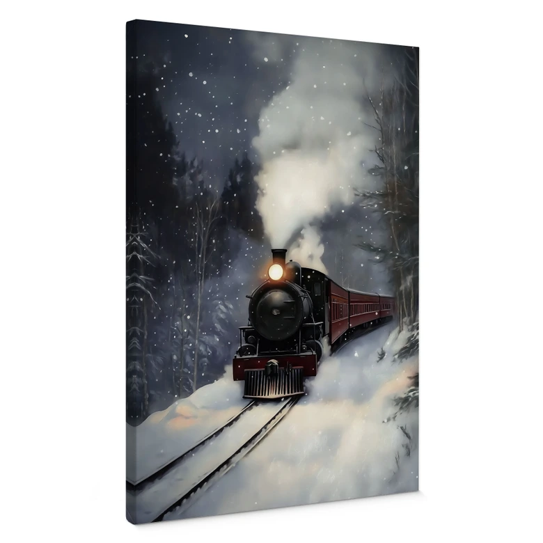 Leinwandbild Winterromantik - Dampflok im verschneiten Wald - Melloi Art Prints 