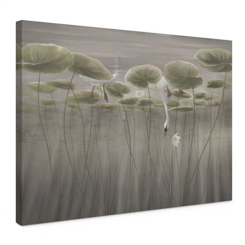 Leinwandbild Lotusblumen mit Schwan im Wasser in Grau - Ms Tiff 