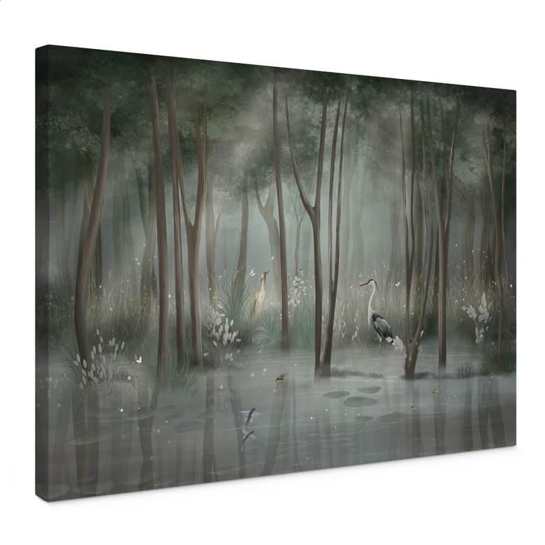 Leinwandbild Nebelwald am See mit Reiher in Grün - Ms Tiff 