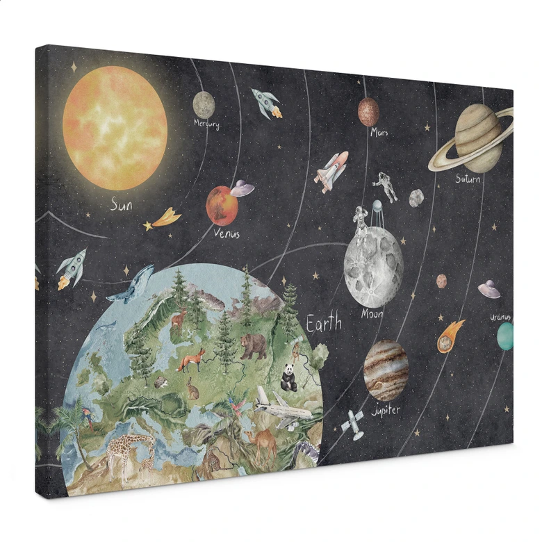 Canvas schilderij zonnestelsel met planeten en aarde - Ms Tiff 