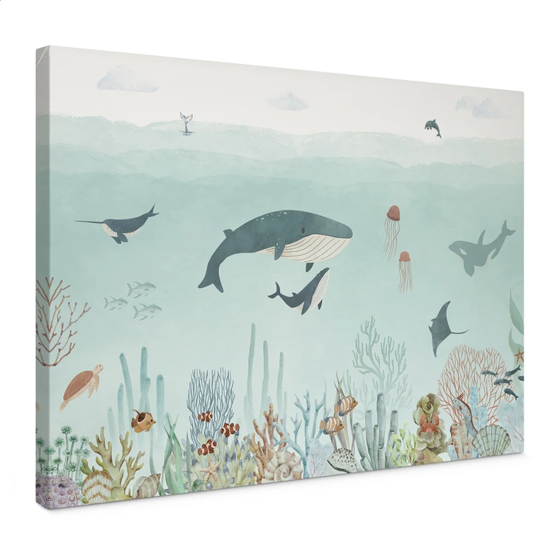 Leinwandbild Unterwasser-Abenteuer mit Meerestieren - Blau - Oliver Robins 