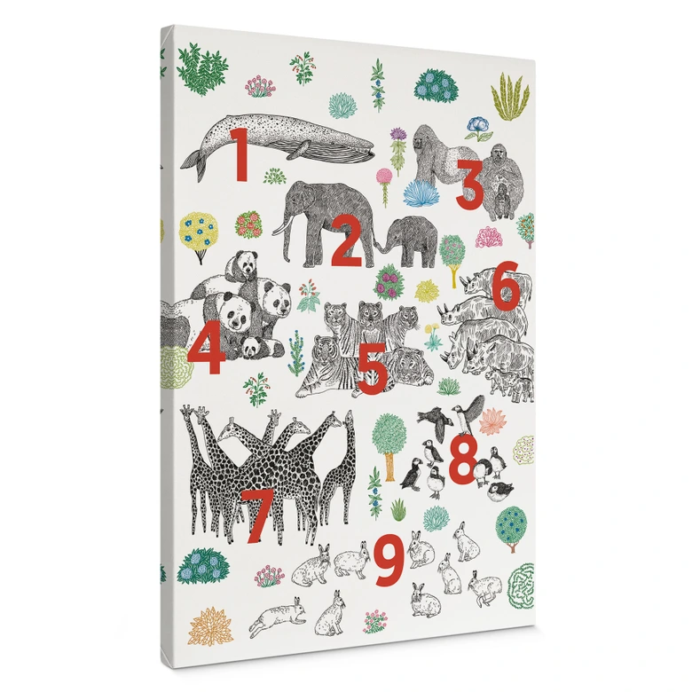 Leinwandbild Kinderzimmer - Illustration von Zootieren mit Zahlen - Walentynowicz 
