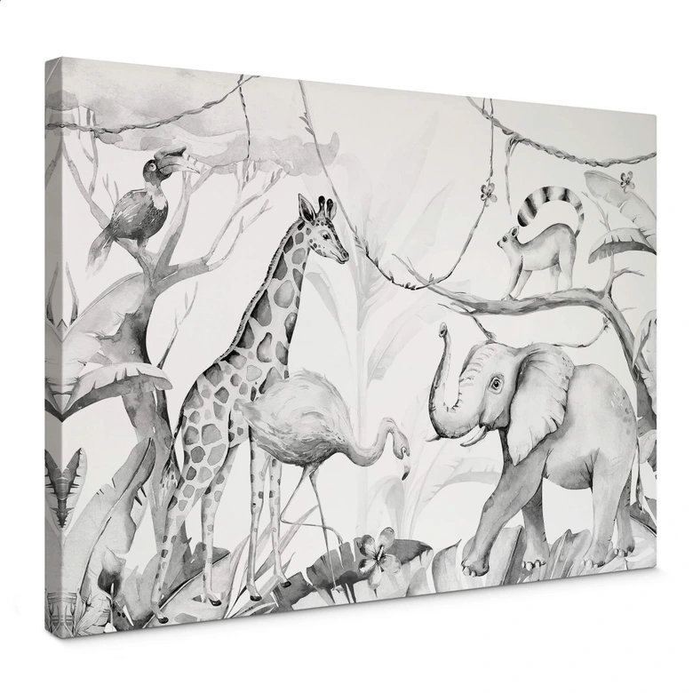 Canvastavla Kvilis - Djurvänner i djungeln - svartvitt 