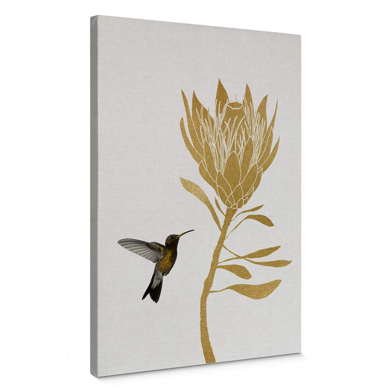 Leinwandbild Orara Studio - Hummingbird and Flower - goldene Blume 