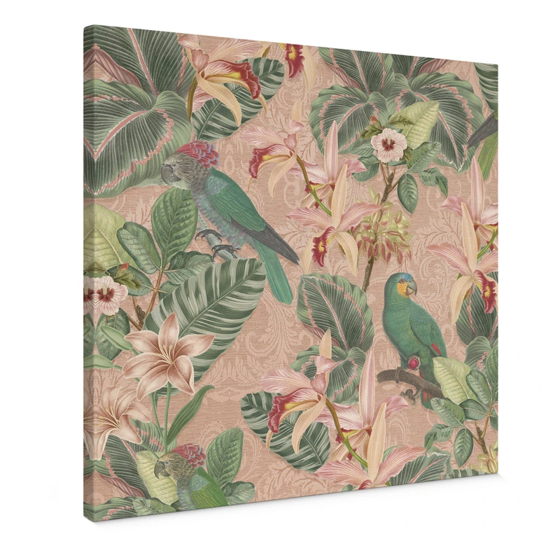 Obraz na płótnie Dżungla z papugami różowy - Bloomery Decor - Kwadratowy 