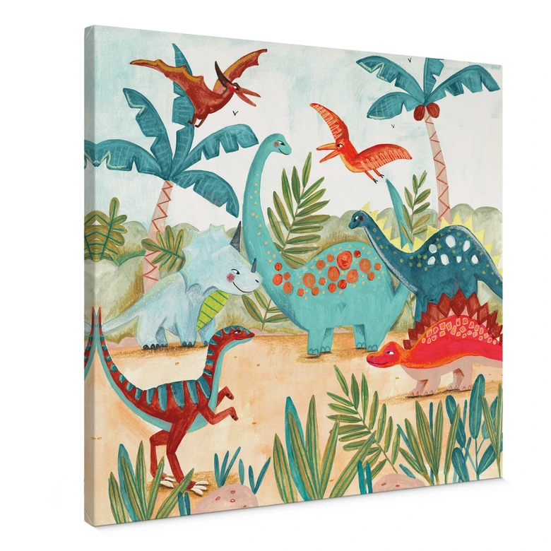 Leinwandbild Farbenfrohe Dinosaurier im Urzeitwald | Kinderzimmer Deko - Bonne Müller - Quadratisch 