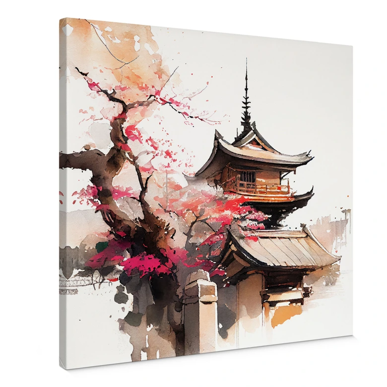 Canvas Japanse pagode met kersenbloesems - Jaszke 