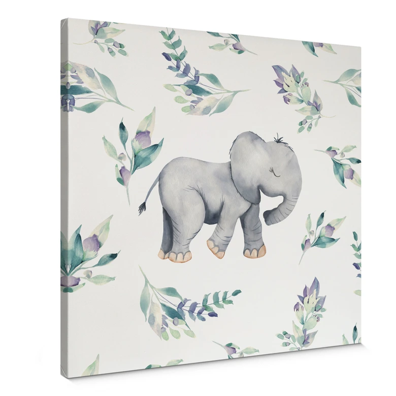 Leinwandbild Niedlicher Babyelefant zwischen Boho-Zweigen - UN Designs - Quadratisch 