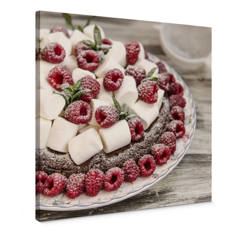 Leinwandbild Himbeeren und Marshmallows - Quadratisch 