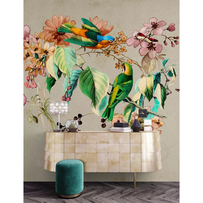 Livingwalls Fototapete Walls by Patel 3 Love Nest 1 grün, beige, orange, rosa, türkis 