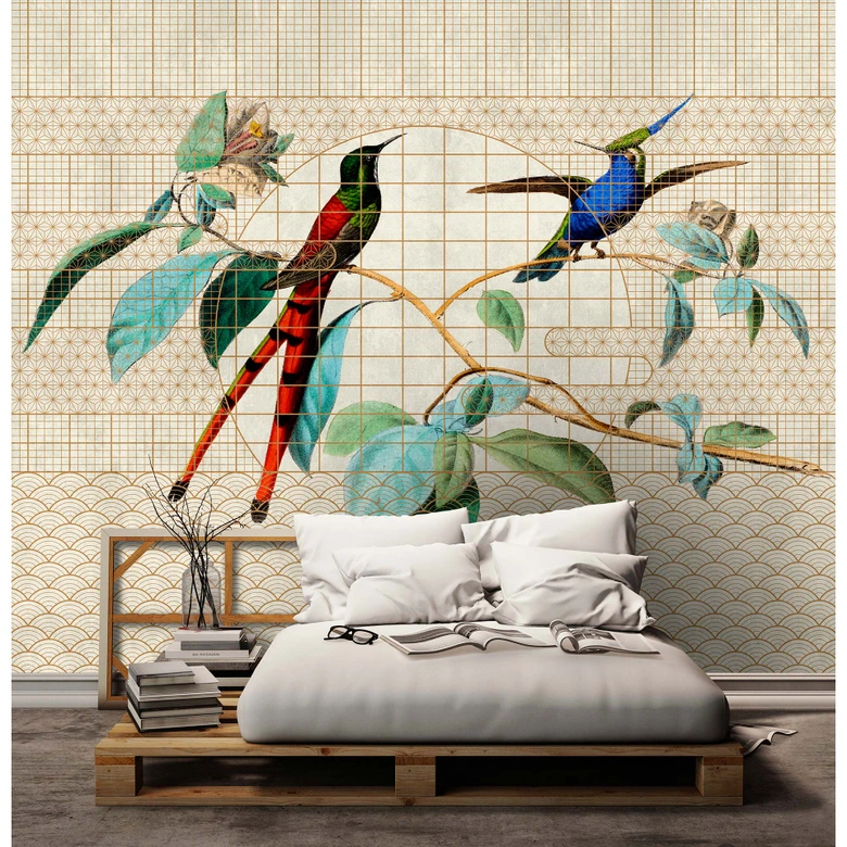 Fotomural Paredes de Patel 3 Volière 2 naranja, beige, verde, rojo, azul 