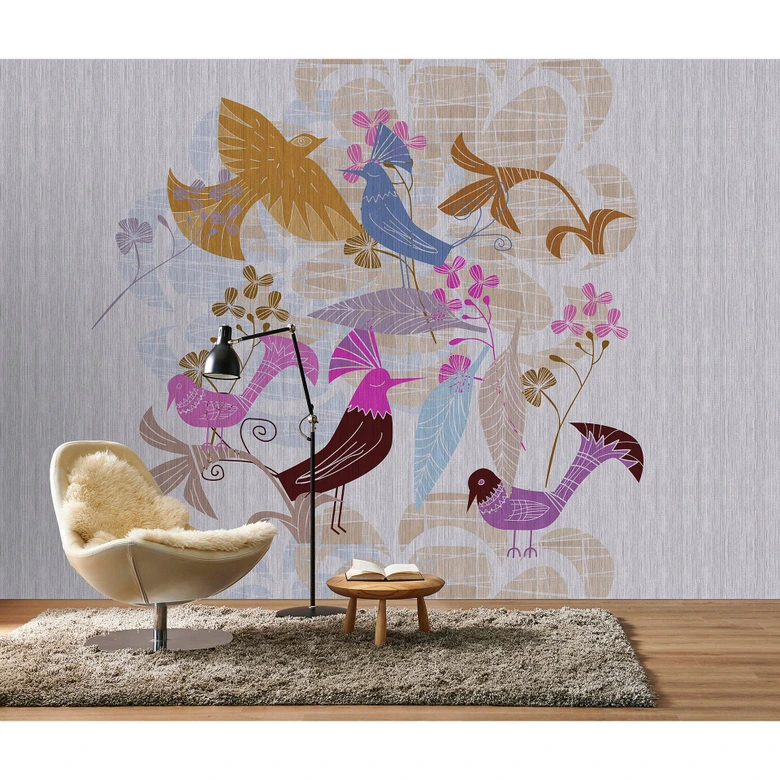 Livingwalls Fototapete Walls by Patel 3 Birdland 1 blau, lila, pink, gelb, braun 