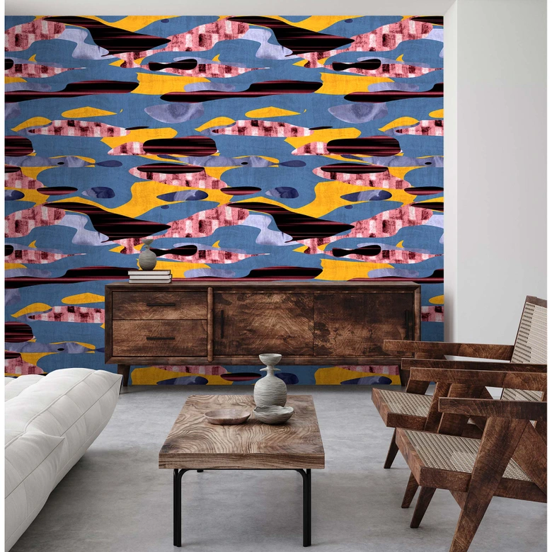 Livingwalls Fototapet Walls by Patel 3 Zimbabwe 2 blå, gul, svart, rosa, röd 