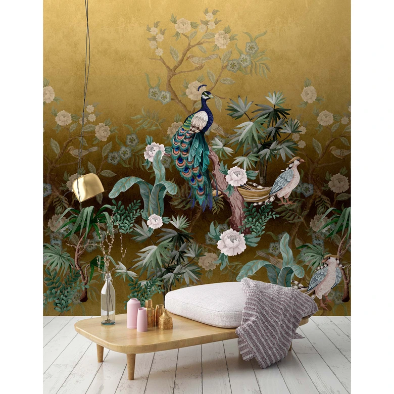 Livingwalls Fototapete Walls by Patel 3 Peacock Island 3 gelb, grün, braun, lila 