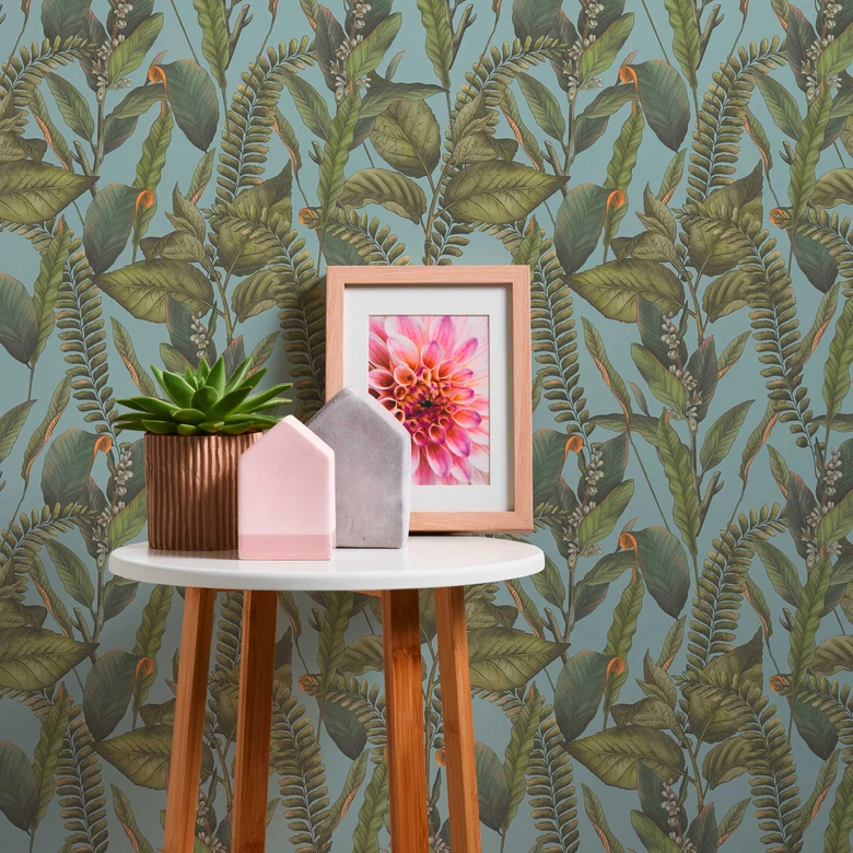 Papel pintado Jungla azul verde - Papel pintado no tejido floral con hojas y flores 