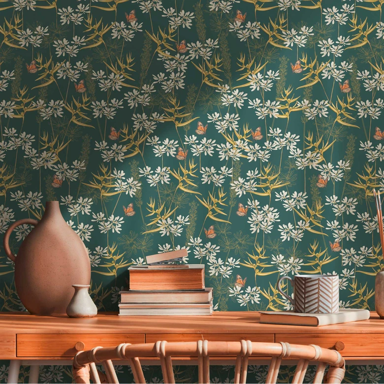 Florale Tapete mit Schmetterlingen Blau Gelb - Vliestapete Blüten und Tiere 