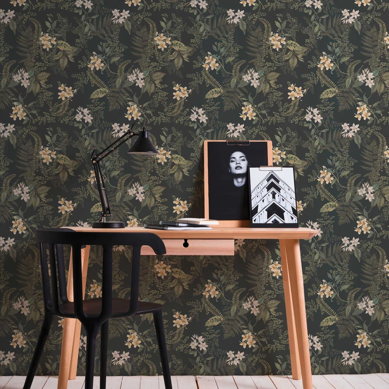 Pflanzen-Tapete mit Blüten Schwarz Grün - Vliestapete mit Blumen floral 