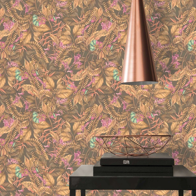 Tapet med djungelmotiv brun beige - non-woven tapet med blommor i blått lila 