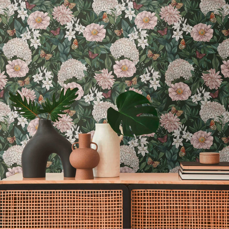 bloemen behang met vlinders groen wit - vliesbehang met lichte bloesems 