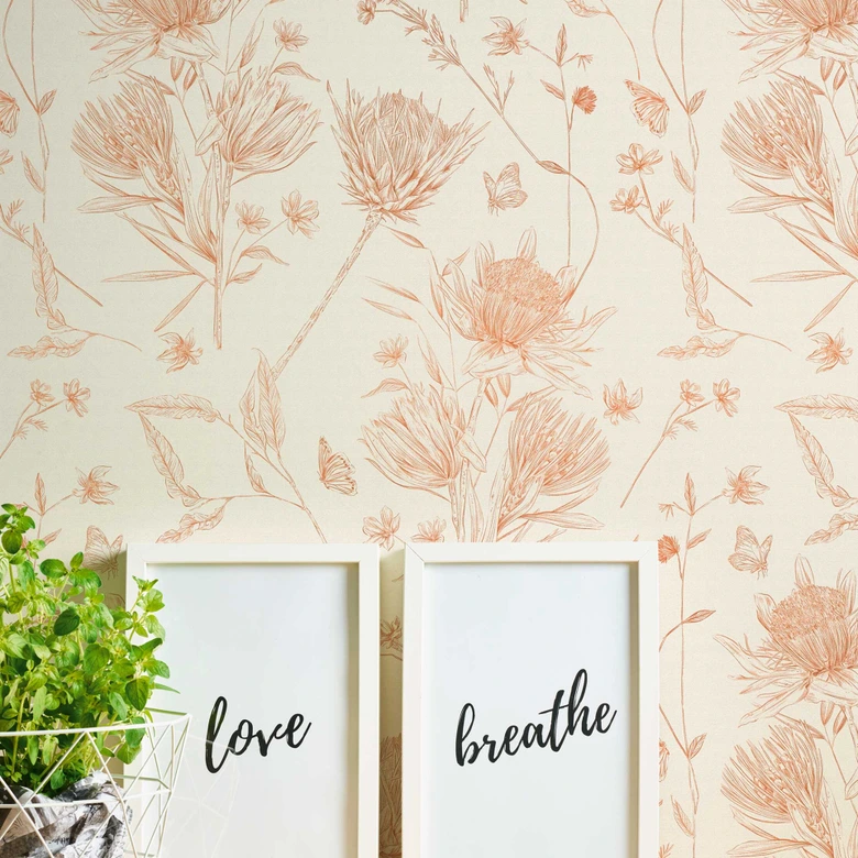 Tapete mit gezeichneten Blüten Weiß Beige - Vliestapete floral mit Blumen 