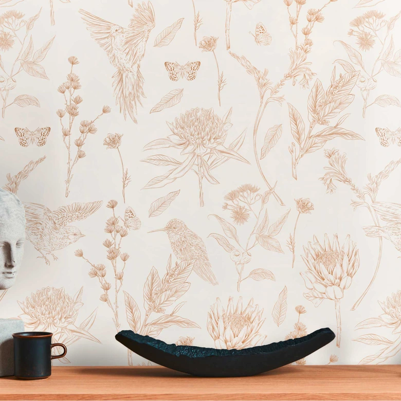 Vliestapete mit Blumen und Vögeln Weiß Braun - Tapete floral im Zeichen-Stil 