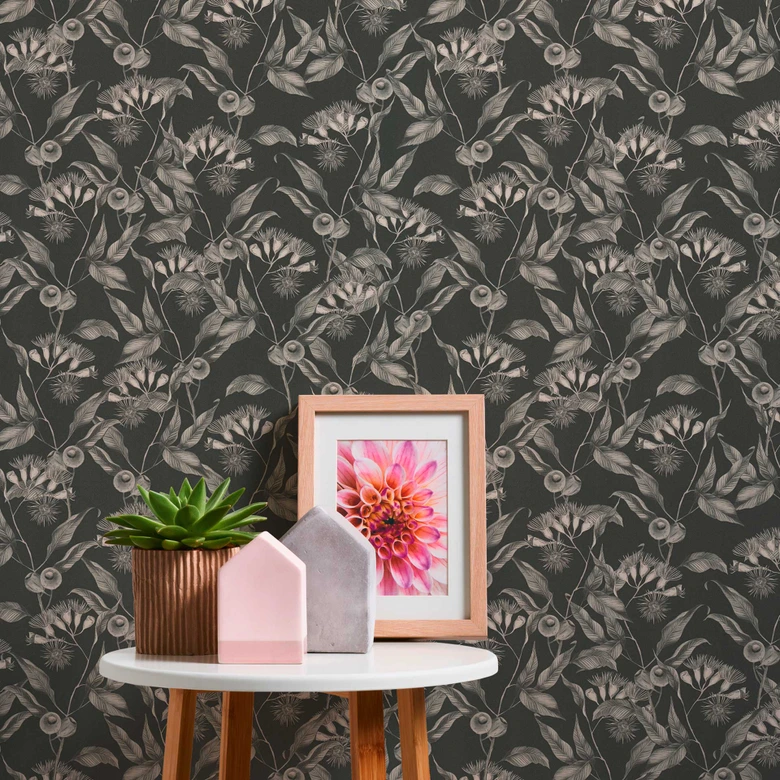 Blumen-Tapete mit Olivenzweigen Schwarz-Weiß - Florale Vliestapete mit Oliven 