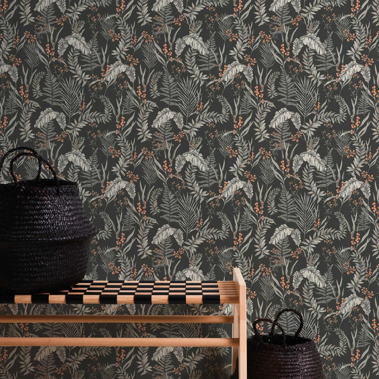 Dschungel-Mustertapete mit Gräsern Schwarz-Weiß - Tapete mit Blüten orange 