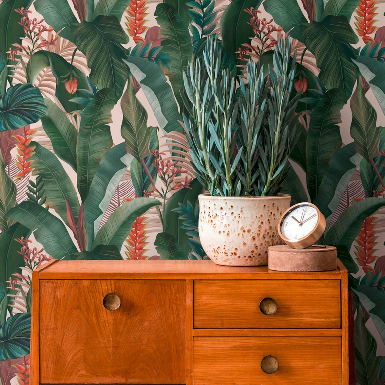 palmblad behang beige groen - bloemen vliesbehang jungle motief 